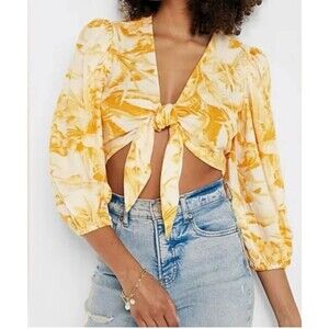 Express Crop Top Womens M Yellow White Yellow Floral Tie Front Linen Blend Boho